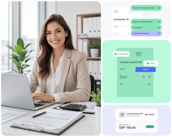 Smiling accountant alongside an automated approval workflow for invoices, purchase orders and payments 