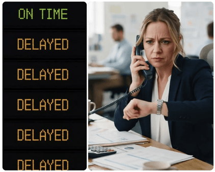 A departures-style board reading 'Delayed' next to a woman on the phone checking her watch, illustrating a stuck invoice approval