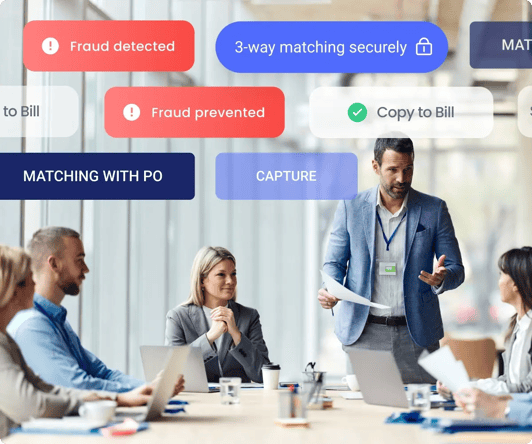 Finance Team discuss invoice fraud approval workflow flagging a duplicate invoice and unvetted contractor payment