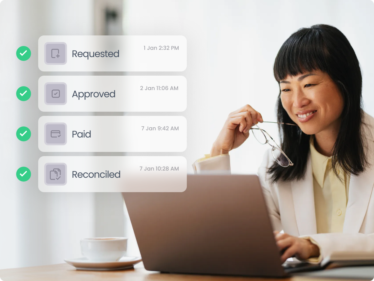 Woman trialling ApprovalMax Accounts Payable features including approval workflows, money in and money out