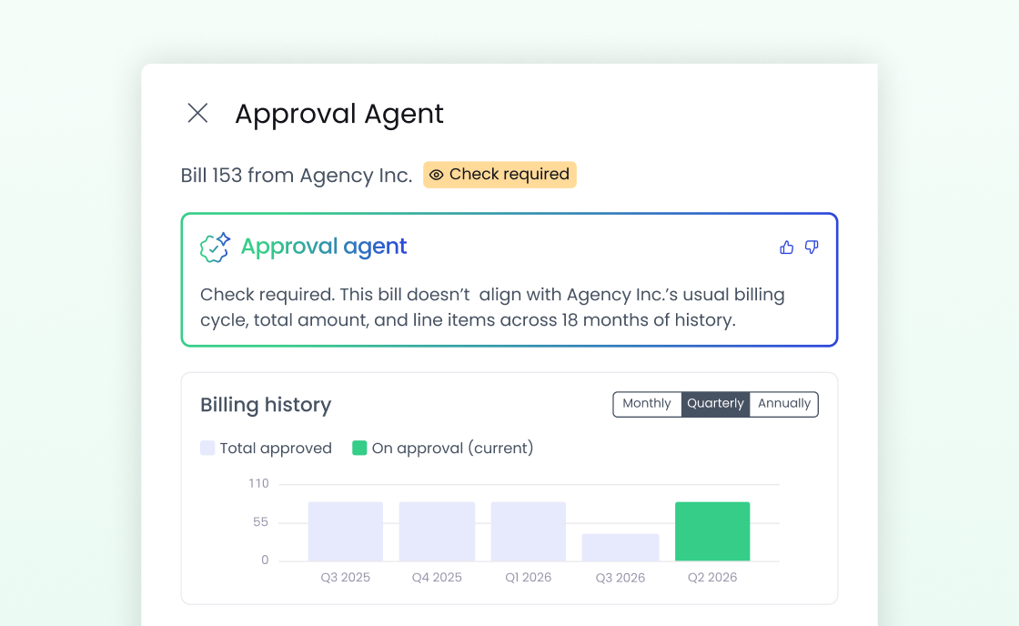 Approval Agent in ApprovalMax flagging an unusual bill with a traffic light check against supplier history